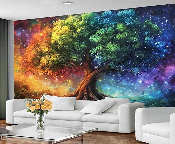 Colorful Tree Crowns Wall Murals, Thick Tree Trunks Mural Wallpaper, Starry Sky Wall Decor, Brilliant Colors Mural for Bedroom, Treescapes Wallpaper for Living Room 196"（W） x 125"（H）