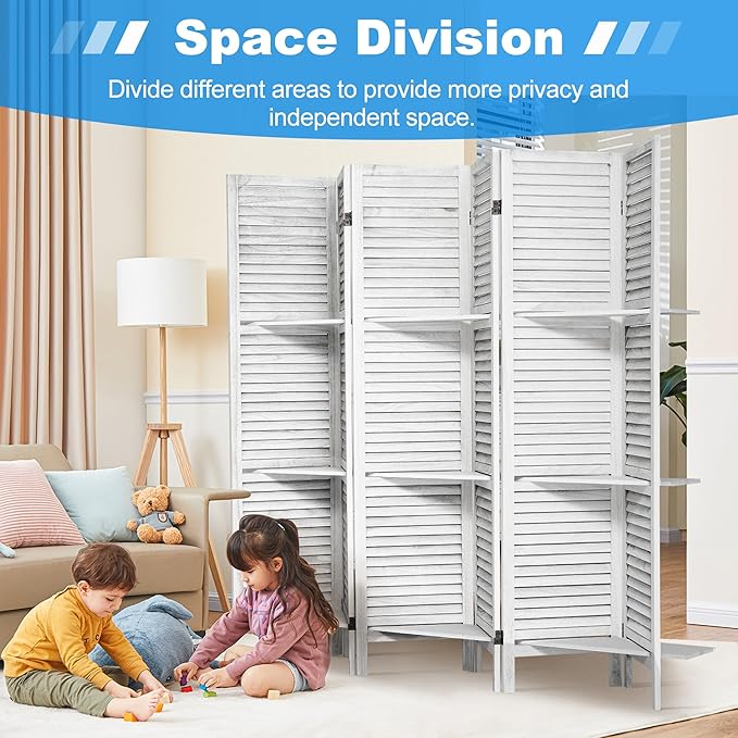 2 PCS Room Dividers 5.6FT Louvered Design 6 Panel Room Dividers with Display Shelves Folding Privacy Screens Portable Freestanding Partition Wall Dividers for Bedroom, Retro White