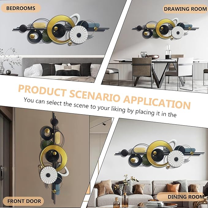 Metlzks Modern Abstract Metal Wall Art,Large 59×20 Inches Wall Decor, Geometric Circles Design Wall Sculptures, Gold Black White, Wall Decoration for Living Room Bathroom Bedroom Dining Room
