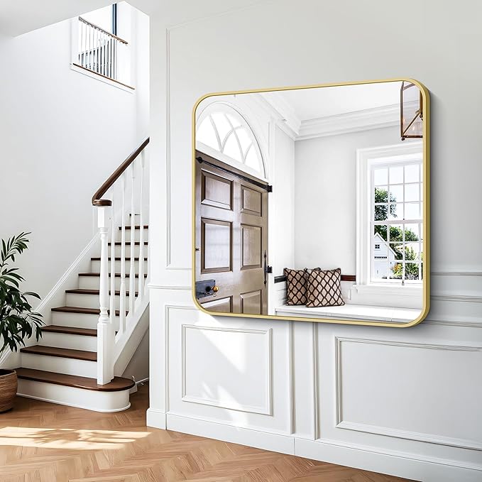 BONEWEI Gold Bathroom Mirror,48x48 inch Wall Mirror for Bathroom Wall Mounted,Round Rectangle Mirror for Bathroom Over Sink,Modern Frame for Home Decor Living Room,Bedroom Entryway,Horizontal/Vertical