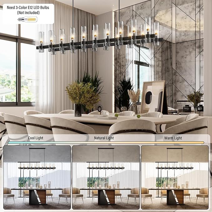 Black Rectangle Kitchen Island Lights, Farmhouse Linear Rectangular Chandelier with Glass Shades, 20 Lights Lighting Fixtures Industrial Pendant Light for Dining Room Over Table