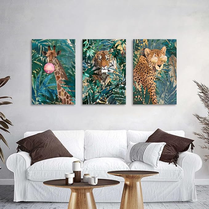 Large Boho Animal Canvas Wall Art Living Room Bedroom Wall Decor Tiger Leopard Giraffe Wildlife Paintings Vintage Green Leaves Plants Artwork Kitchen Turquoise Bohemia Home Decorations 24x36" 3 Pieces