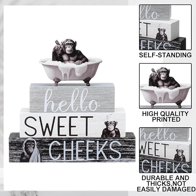 4 Pcs Chimpanzee Bathroom Decor Farmhouse Chimp Bathroom Decoration Western Hello Sweet Cheeks Table Centerpiece Christmas