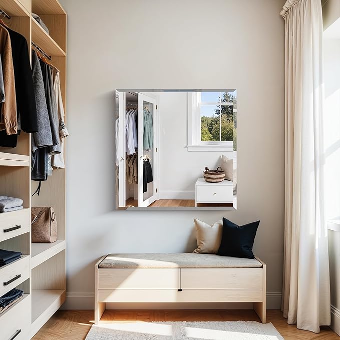 KOCUUY Beveled Mirror, 30x30 Inch Square Frameless Bathroom Mirror for Over Sink, Upgraded Shatterproof Beveled Unframed Design Mirror for Bathroom, Bedroom, Entryway, Hang Horizontal/Vertical