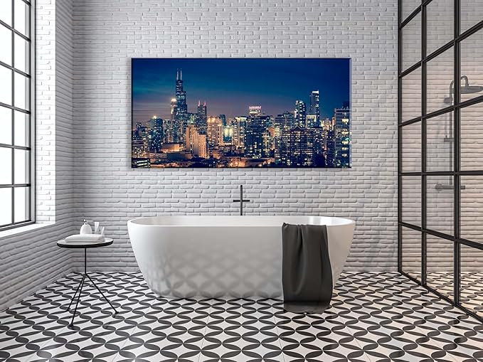 NAN Wind Modern Canvas Painting Chicago Skyline at Night Wall Art Cityscape Picture Print on Canvas Blue City Cool Building Giclee Artwork for Home Office Living Room Bedroom Decoration Framed