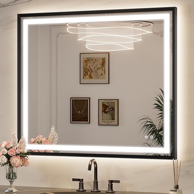 Keonjinn 42 x 36 Inch Black LED Mirror for Bathroom, Frontlit & Backlit Bathroom Vanity Mirror, HD Shatter-Proof, Tempered Glass, Beveled Framed, 3 Color Lights, Anti-Fog, Dimmable, Plug-in/Hardwired