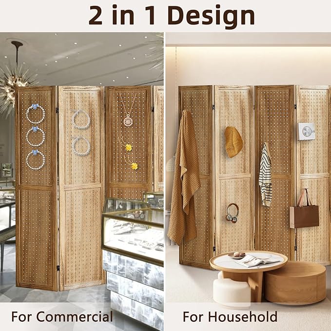 4 Panel Pegboard Display with 16 Hooks, Wooden Room Divider Wall and Folding Privacy Screens, Partition Room dividers, Pegboard Room Divider, Jewelry Store, Bedroom, Balcony, Light Brown