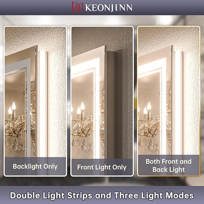 Keonjinn LED Bathroom Mirror 60" x 36" with Frontlit and Backlit, Tempered Glass Stepless 3 Colors Temperature & Dimmable Large Vanity Mirror, UL Listed LED Driver, Double Lights Anti-Fog Wall Mirror