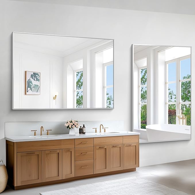 BONEWEI Silver Bathroom Mirror,60x40 inch Wall Mirror for Bathroom Wall Mounted,Large Rectangle Mirror for Bathroom Over Sink,Modern Metal Frame for Living Room,Bedroom Entryway,Horizontal/Vertical