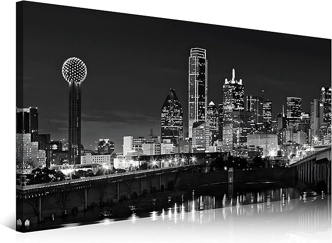 NAN Wind 1 Pcs Dallas Skyline Canvas Wall Art Black White Cityscape Night Scene Modern City Giclee Prints on Canvas Framed Urban Home Decor Skyscrapers Picture Painting for Room Decor