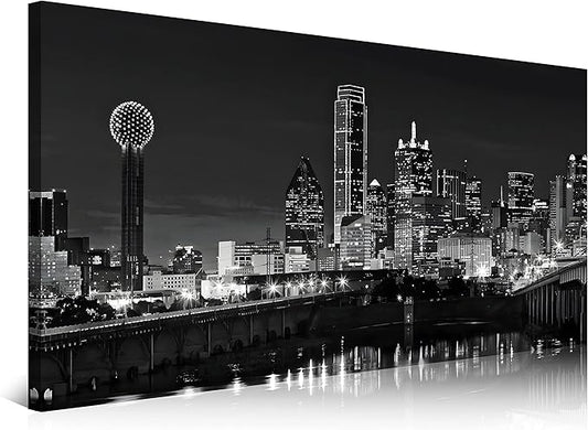 NAN Wind 1 Pcs Dallas Skyline Canvas Wall Art Black White Cityscape Night Scene Modern City Giclee Prints on Canvas Framed Urban Home Decor Skyscrapers Picture Painting for Room Decor