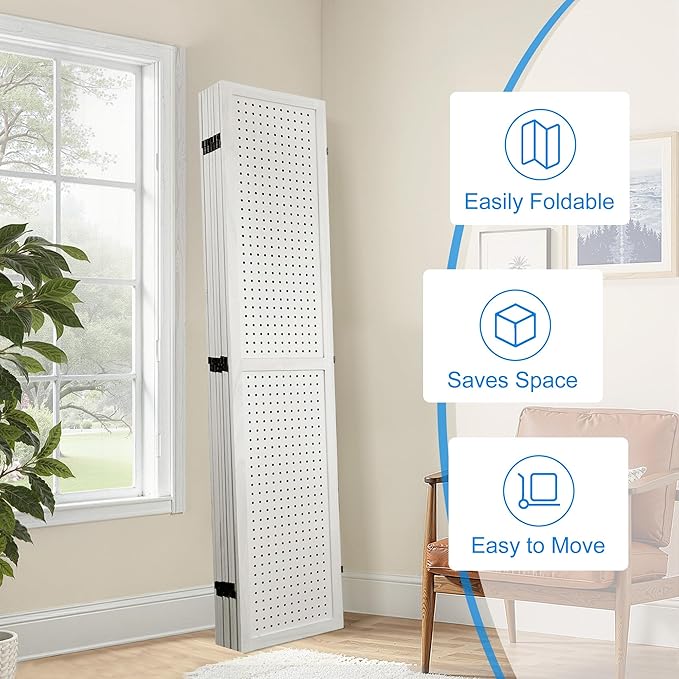 2 PCS Room Dividers 8 Panel Pegboard Display 5.6FT Wood PegBoard Room Divider, Folding Privacy Screens Portable Freestanding Partition Wall Divider for Art Shows & Room Separation, White