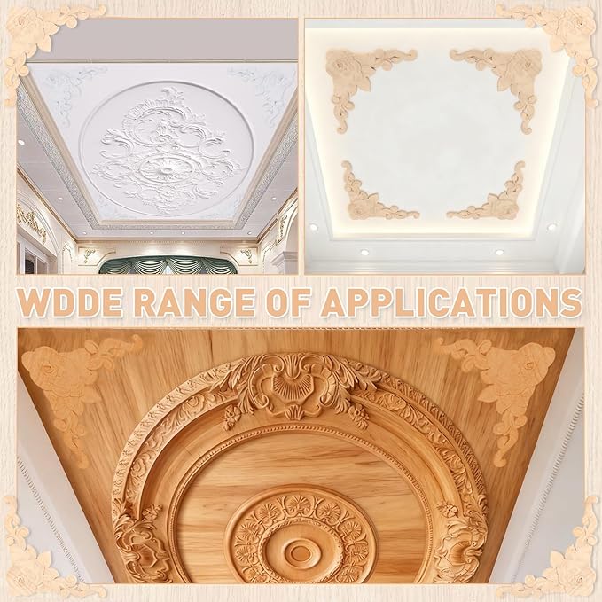 4-Pack Wood Ceiling Molding Corner Trim, 13.4"x13.4" Carved Flower Wall Panels, French Style Decorative Accent for Ceiling & Wall Décor