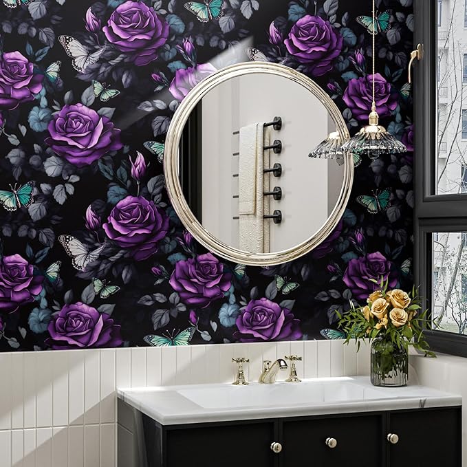 Black Foral Wallpaper Peel and Stick Dark Purple Rose Contact Paper 17.4" x 393", Waterproof Self-Adhesive Flower Butterfly Wall Paper for Bedroom Countertop Desk Cabinets Decor Renter Friendly