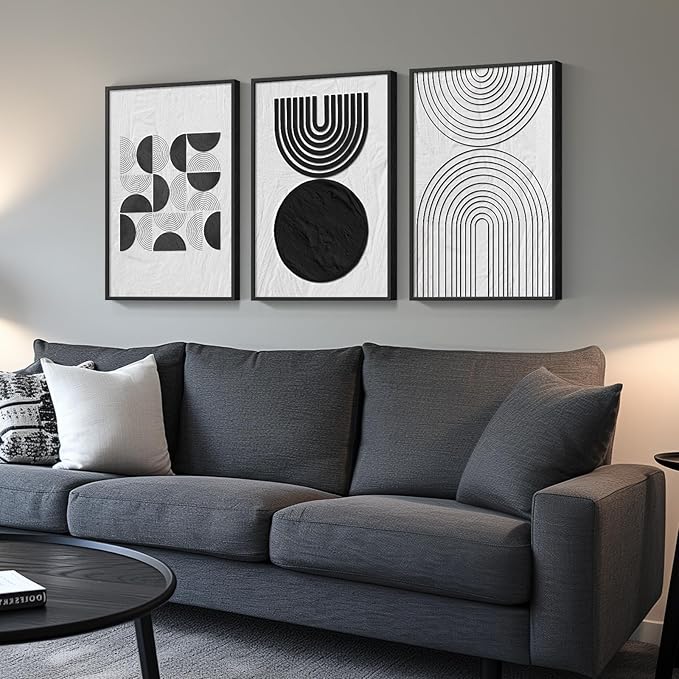 Large Framed Black and White Abstract Wall Art, Set of 3 Piece Boho Minimalist Canvas Paintings ArtWork for Walls, Modern Geometric Art Prints Pictures Wall Decor for Office Hallway - Total 30x60 Inch