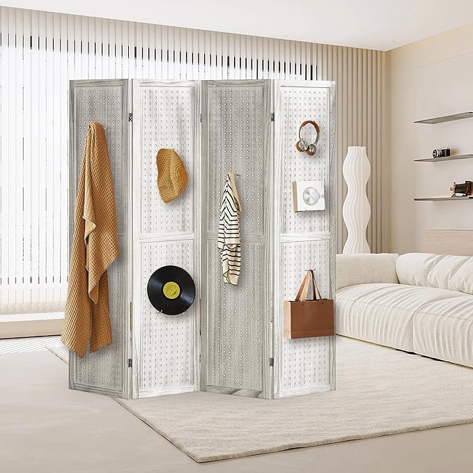 4 Panel Pegboard Display with 16 Hooks, Wooden Room Divider Wall and Folding Privacy Screens, Partition Room dividers, Pegboard Room Divider, Jewelry Store, Retail Store, Bedroom, White