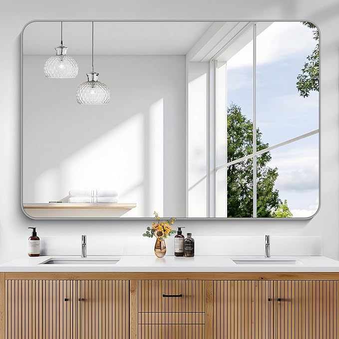 KOCUUY Silver Bathroom Mirror, 60x40 Inch Large Bathroom Mirror for Over Sink, HD Tempered Glass, Anti-Rust Brushed Silver Frame, Rounded Corner Modern Design for Bathroom, Hang Horizontal/Vertical