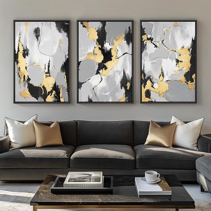 Large Framed Abstract Wall Art for Living Room, 3 Piece Modern Canvas Prints Paintings Artwork for Walls, Black Grey Gold Abstract Pictures for Hallway Stair Dining Room Office Wall Decor 24x36 Inch