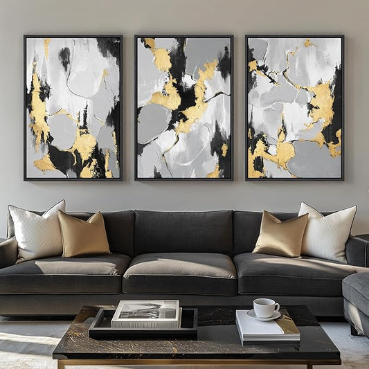 Large Framed Abstract Wall Art for Living Room, 3 Piece Modern Canvas Prints Paintings Artwork for Walls, Black Grey Gold Abstract Pictures for Hallway Stair Dining Room Office Wall Decor 24x36 Inch
