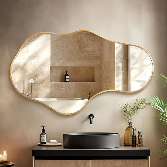 Mirror Full Length - Wall Mirrors Decorative 26"x 43" Asymmetrical Abstract Aviation Aluminum Alloy Frame Unique for Bathroom, Bedroom, Living Room, Cloakroom, Entryway Gold