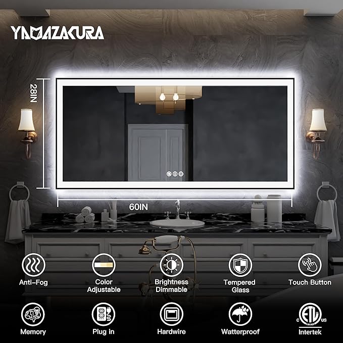 LED Bathroom Mirror 60x28 with Backlit and Front Lighted, Framed Dimmable Illuminated Mirror for Wall Anti-Fog Shatterproof (Horizontal/Vertical)