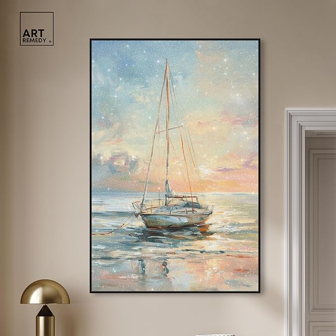 Art Remedy Boat On The Shore Framed Sailing 1 Piece Canvas Wall Art, 37" x 55", Black Frame