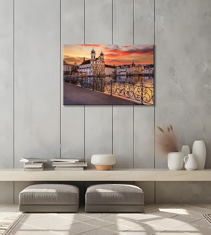 Mordern 1Pcs European Cityscape Canvas Wall Art Scenic Sunset Over River Cathedral with Domes Ready to Hang Architecture Romantic Travel Destination Decorative Framed Artwork for Living Rooms Bedrooms