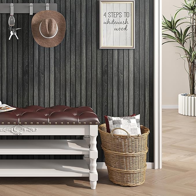 Livelynine 15.8x394 Inch Wood Black Peel and Stick Wallpaper for Bathroom Renter Friendly Wood Slats for Wall Ceiling Slate Dark Moody Black Wall Paper Peel and Stick Cabinet Vinyl Wrap for Kitchen