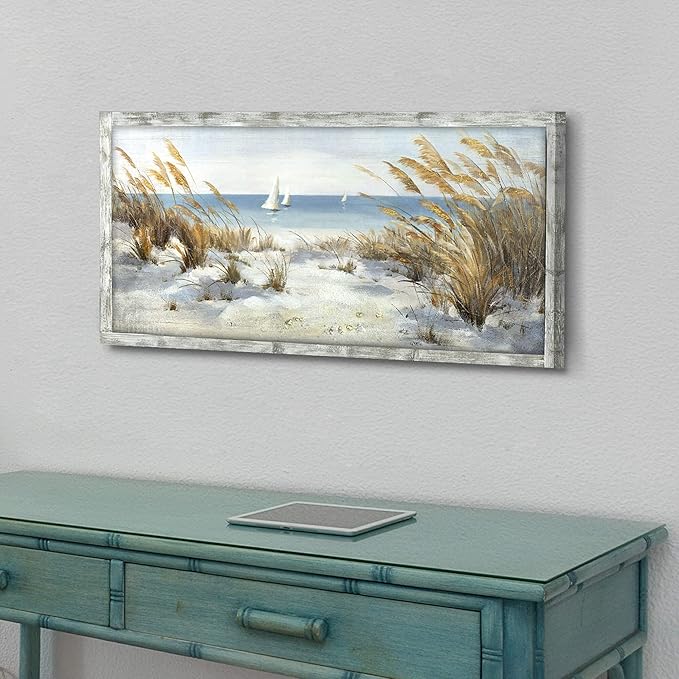 Beach Framed Wooden Wall Art: Coastal Oil Painting Style 40"x20" Ocean Pictures Seascape Art Prints Sand Dunes & Sailboat Artwork for Office