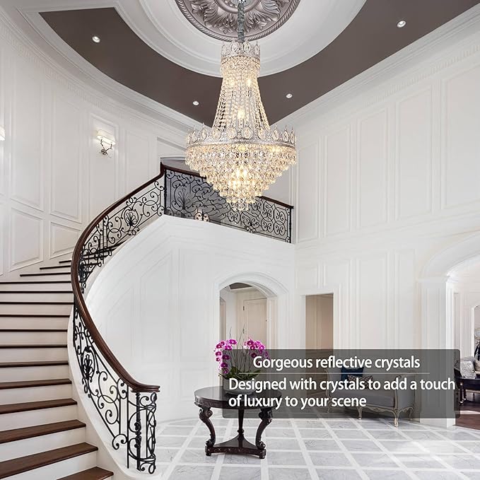 KoKo&Yukina Chrome 23.6" French Empire Crystals Chandeliers 14 Lights K9 Crystal Chandeliers Modern Adjustable Hanging Chandelier Farmhouse Crystal Chandelier for Living Room Dining Room Bedroom