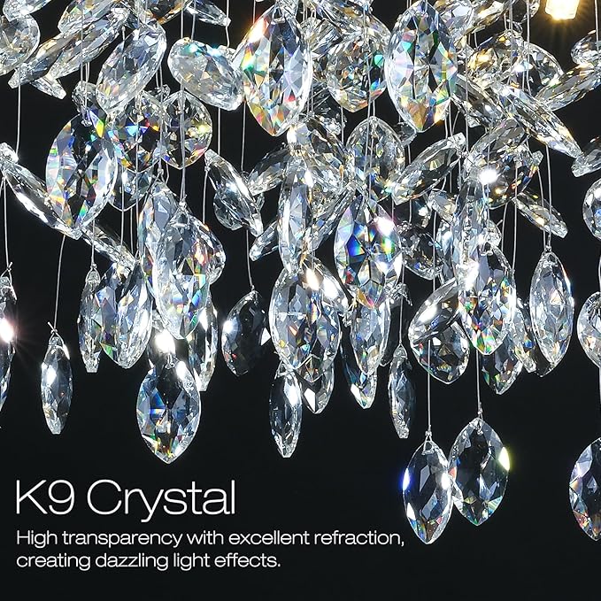 24 inch Crystal Chandelier for Dining Room, Round Gold Tree Branches Chandeliers, Top K9 Crystal Chandelier, Modern Chandeliers for Kitchen,Foyer Entryway,Luxury Adjustable Hanging Chandeliers