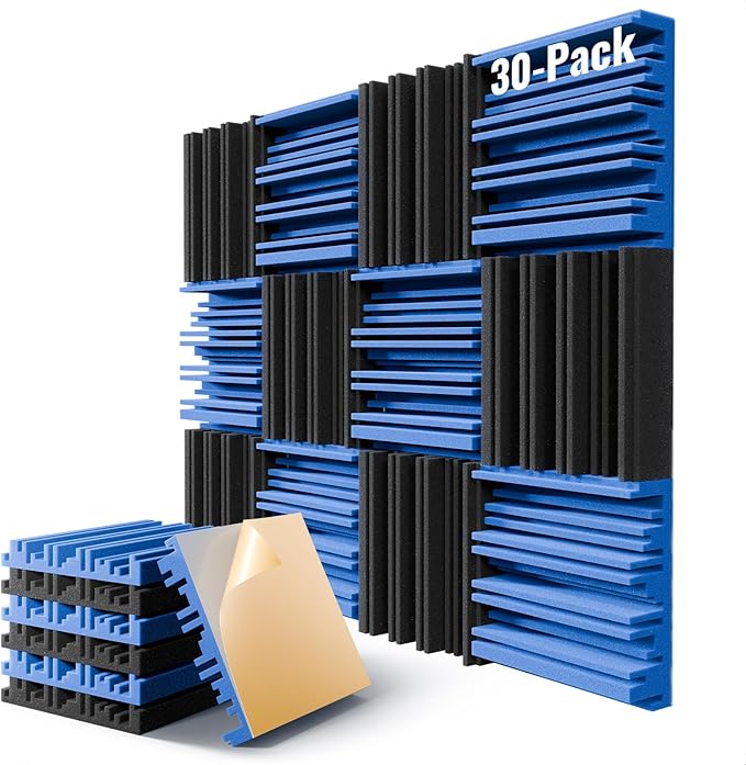 30 Pack Sound Proof Foam Panels for Wall,12" X 12" X 2" Self-Adhesive Acoustic Foam Panels,High Resilience Soundproof Wall Panels,Sound Absorbing Panels for Home Studios, Offices - Black & Blue