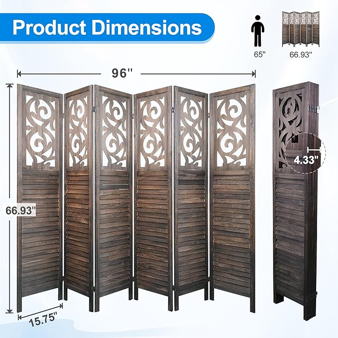 2 PCS Room Dividers 6 Panel Room Divider 5.6FT Wood Carved Room Dividers, Folding Privacy Screens Portable Freestanding Partition Wall Dividers for Bedroom, Office, Rustic Brown