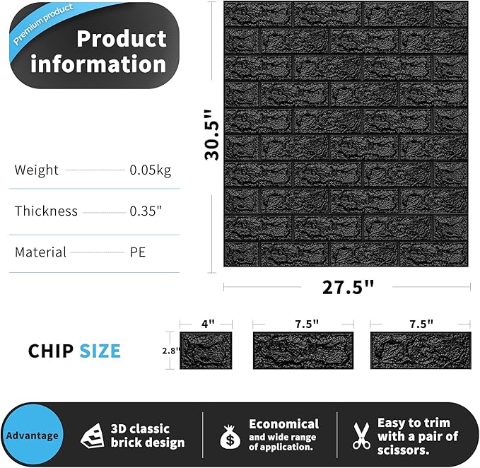 Art3d 11-Pack 64 Sq. Ft Peel and Stick 3D Wall Panels for Interior Wall Decor, Self-Adhesive Foam Brick Wallpaper in Black