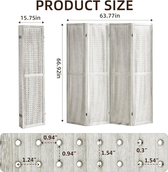 4 Panel Pegboard Display with 16 Hooks, Wooden Room Divider Wall and Folding Privacy Screens, Partition Room dividers, Pegboard Room Divider, Jewelry Store, Retail Store, Bedroom, White