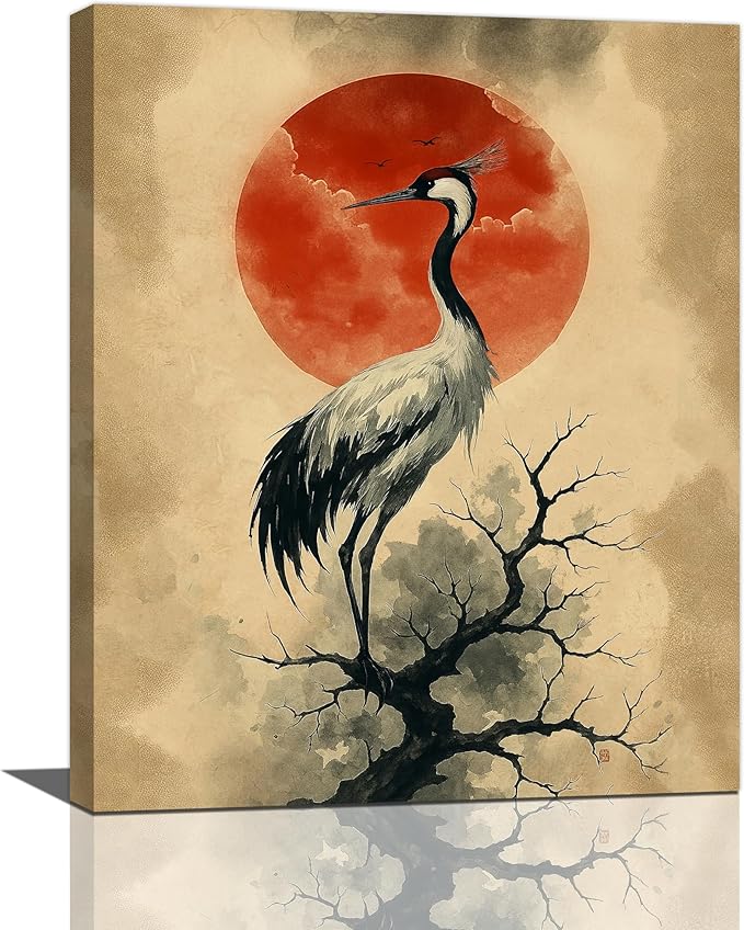 Japanese Crane Wall Art Oriental Asian Wall Decor Sandhill Crane Canvas Pictures Paintings Prints Japan Traditional Aesthetic Artwork Framed Chinese Decorations For Bedroom Living Room Office Gifts 16" x 20"