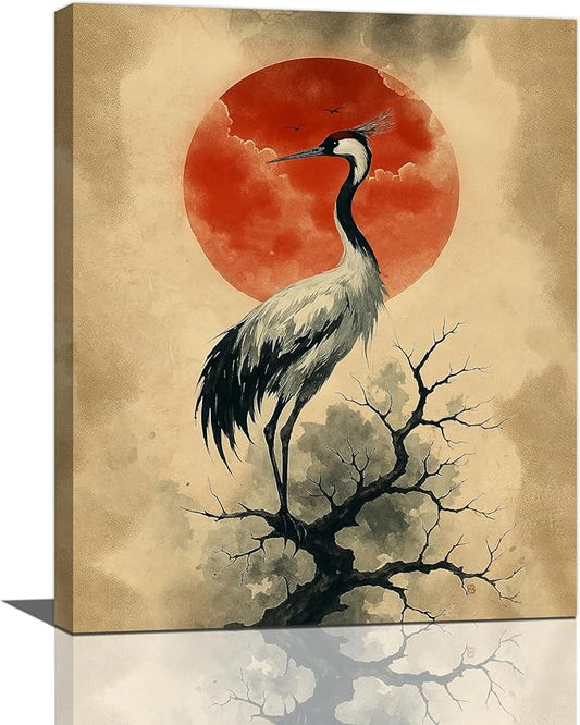 Japanese Crane Wall Art Oriental Asian Wall Decor Sandhill Crane Canvas Pictures Paintings Prints Japan Traditional Aesthetic Artwork Framed Chinese Decorations For Bedroom Living Room Office Gifts 16" x 20"