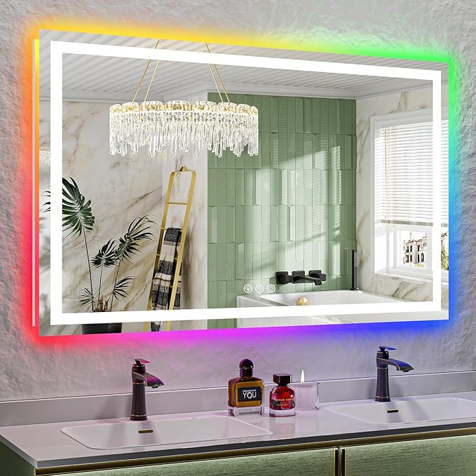 60x38 Inch RGB LED Bathroom Mirror Front Light and RGB Backlit Lighted Vanity Mirror for Bathroom Wall Mounted Dimmable Anti Fog Memory Shatter-Proof IP54 Waterproof Horizontal/Vertical