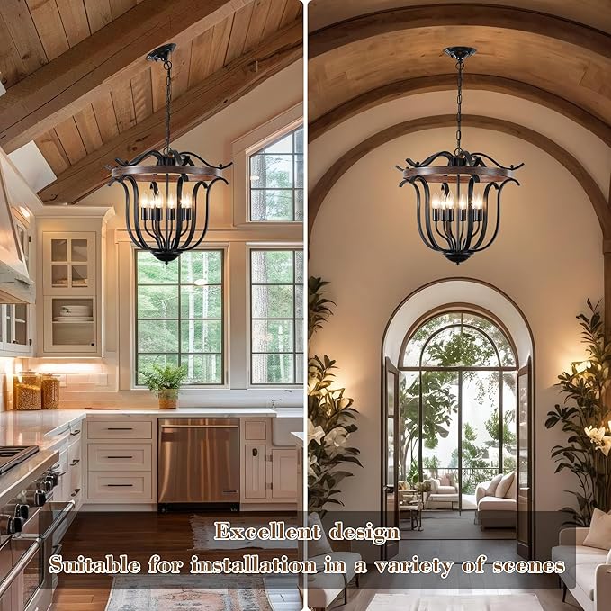 20" Large Farmhouse Chandelier for High Ceiling, 6 Light Vintage Cage Pendant Light Fixture Black Chandeliers for Living Room Staircase Entryway Kitchen