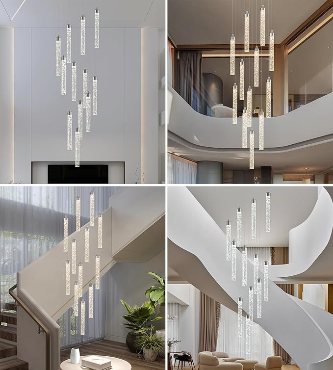 12-Lights High Ceiling Crystal Staircase Chandelier Chrome, Modern Spiral Raindrop Dimmable LED Bubble Cluster Ceiling Hanging Lighting Fixture for Foyer Living Room Entrance Remote Control