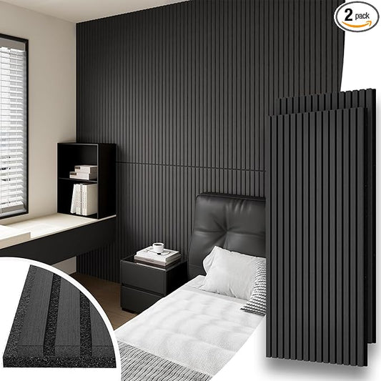2 Panel Wood Slat Acoustic Panel 48" x24" for Sound Absorbing, Soundproof Wood Slat Panel Cover 16 Sq.Ft, 3D Fluted Sound Absorbing Paneling for Wall Decor, Living Room, Bedroom, Black Wood
