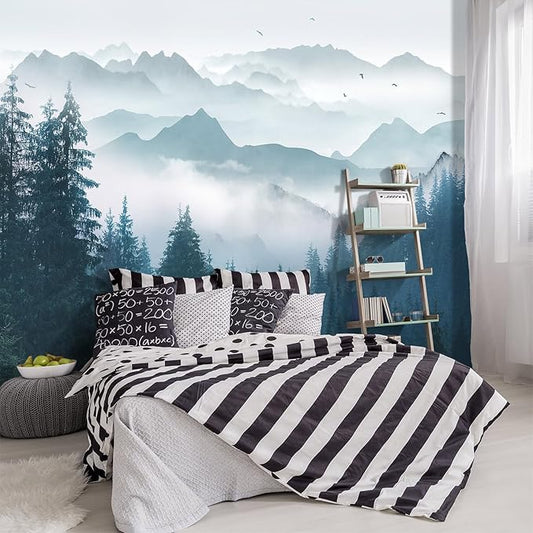 -Foggy Forest Pine Scenery Fabric Wallpaper Living Room Bedroom Bathroom Mountain Large Wall Mural- 183"x120"（ not Peel and Stick）