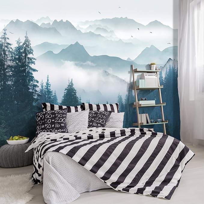 -Foggy Forest Pine Scenery Fabric Wallpaper Living Room Bedroom Bathroom Mountain Large Wall Mural- 160"x108"（ not Peel and Stick）
