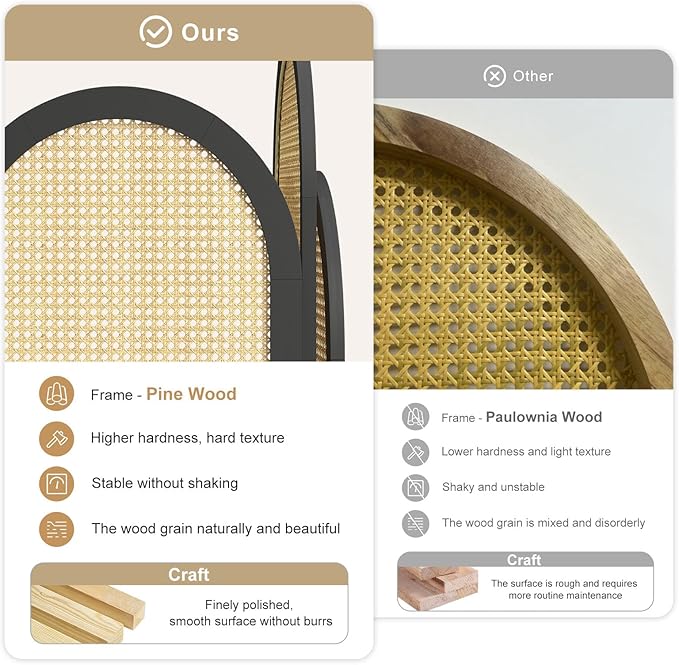 3-Panel Hand-Woven Rattan Room Divider, Tall Foldable Privacy Screen with Wooden Frame - Freestanding Portable Partition for Home Office, Bedroom, Bathroom(Black-Wave)