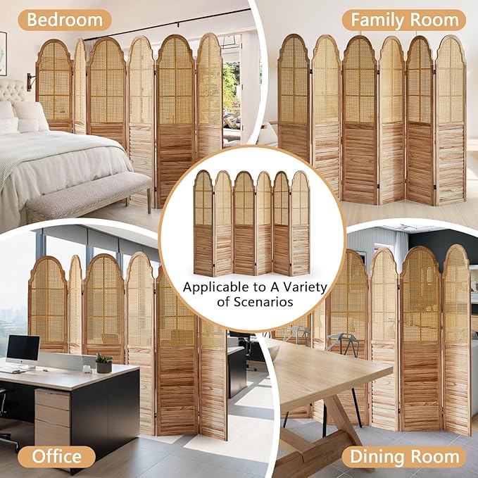 6 Panel Rattan Room Divider Panel, 5.6Ft Partitionsand Dividers, Louvered Partition Divider, Room Dividers Screen, Solid Wood Frame, Folding Screen, Bedroom, Family Room, Light Brown