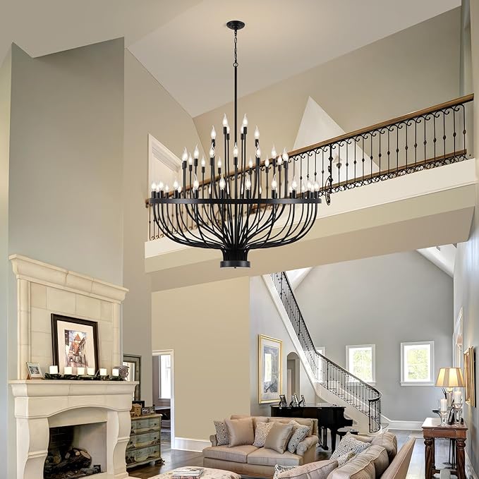Large Black Chandelier 48 Light for High Ceilings, Big Farmhouse Wagon Wheel Chandelier for Dining Room 3-Tier 47.2 in for Hallway, Living Room, Foyer