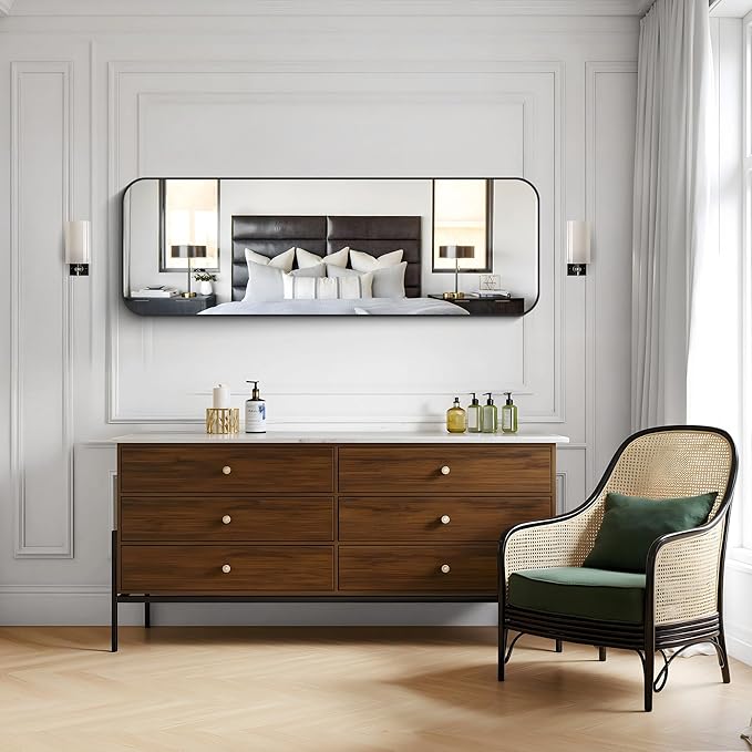 KOCUUY Black Bathroom Mirror 60"x20", Large Vanity Mirror with Rounded Corner, Metal Black Frame with Mordern Design for Bathroom, Living Room, Entryway, Hang Horizontal/Vertical