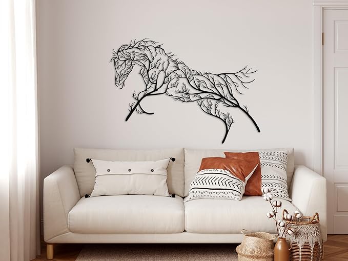 Metal Wall Art Geometric Horse and Tree Decor, Home Office Decoration Entryway Bedroom Living Room Décor, Wall Hangings, Horse Sign, Farmhouse Décor (39"W x 21"H / 100x53cm)