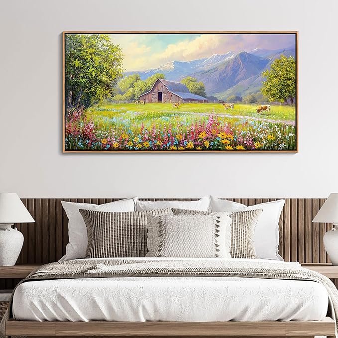 AJAZIKO Rustic Mountain Wall Art,Farmhouse Landscape Wall Decor with Highland Cow & Floral Art - Nature & Country Artwork for Living Room, Bedroom & Walls - Framed Flower Pictures for Home 24x48IN