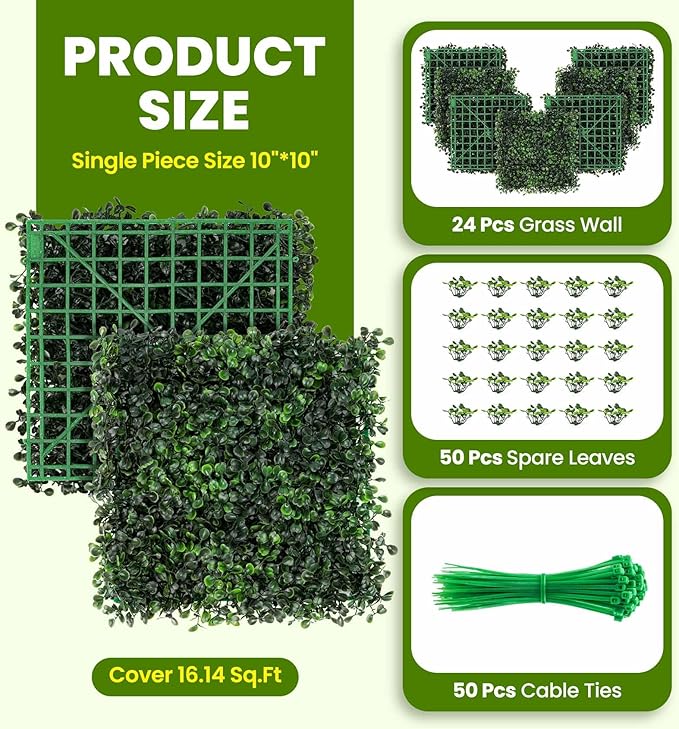 KASZOO Grass Wall 24 Pack 10"x10" Artificial Boxwood Hedge Wall Panels, Privacy Hedge Screen Faux Boxwood for Outdoor,Indoor,Garden,Fence,Backyard,Greenery Walls